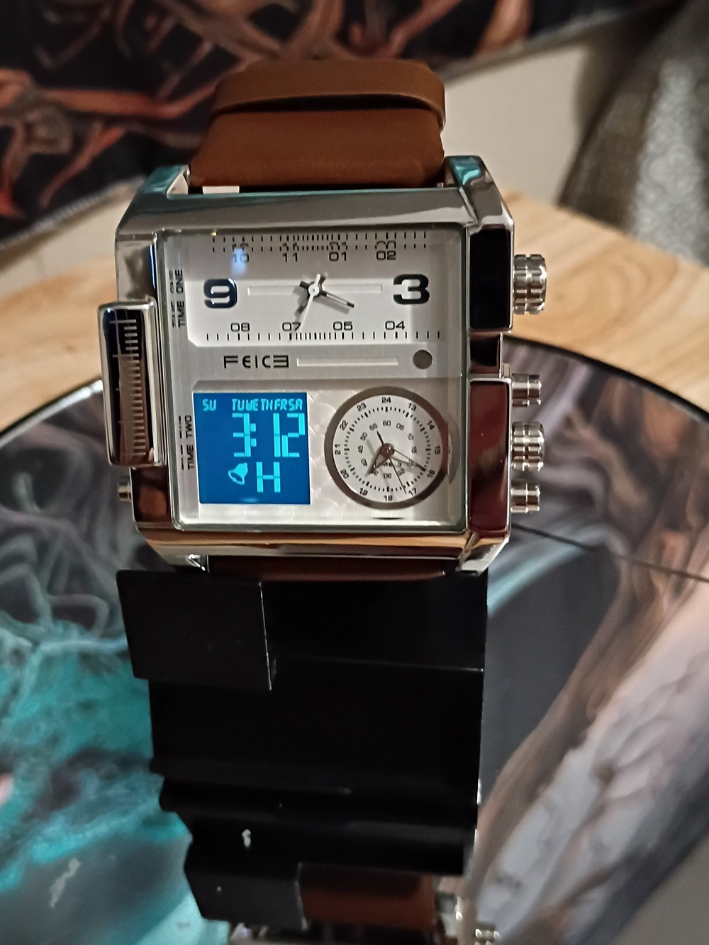 Ice Silver Dual-Display Men's Watch with Brown Leather Band